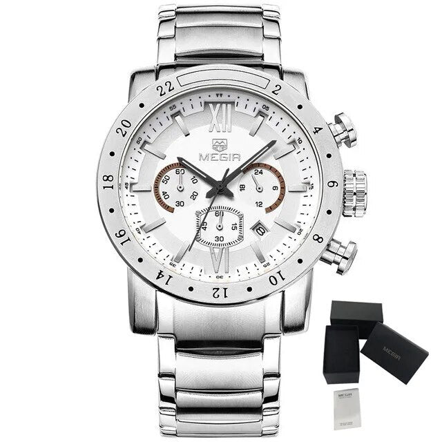 MEGIR Luxury Men's Business Watches Chronograph Waterproof Stainless Steel Quartz Watch Calendar Male Clock Reloj Hombre 3008