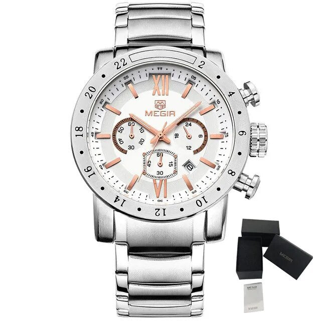 MEGIR Luxury Men's Business Watches Chronograph Waterproof Stainless Steel Quartz Watch Calendar Male Clock Reloj Hombre 3008