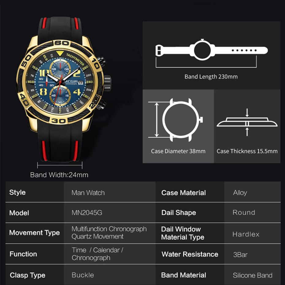 MEGIR Fashion Sports Watches for Mens Luxury Quartz Casual Wristwatch Relogio Masculino Man Chronograph Silicone Strap Clock