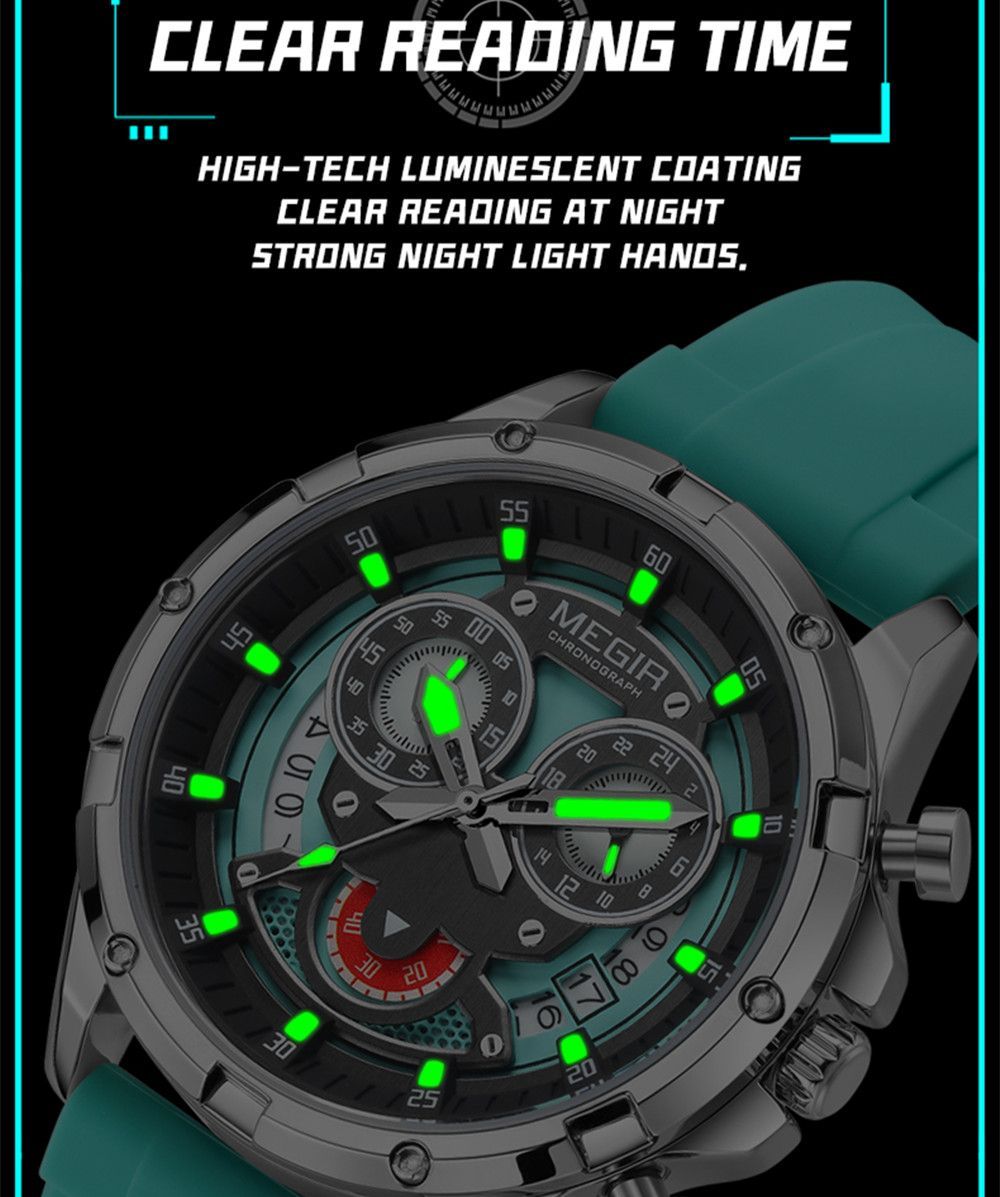 MEGIR Men's Sport Watches Silicone Strap Military Quartz Chronograph Waterproof Luminous Wristwatch 24-hour Auto Date Reloj Hombre 2248