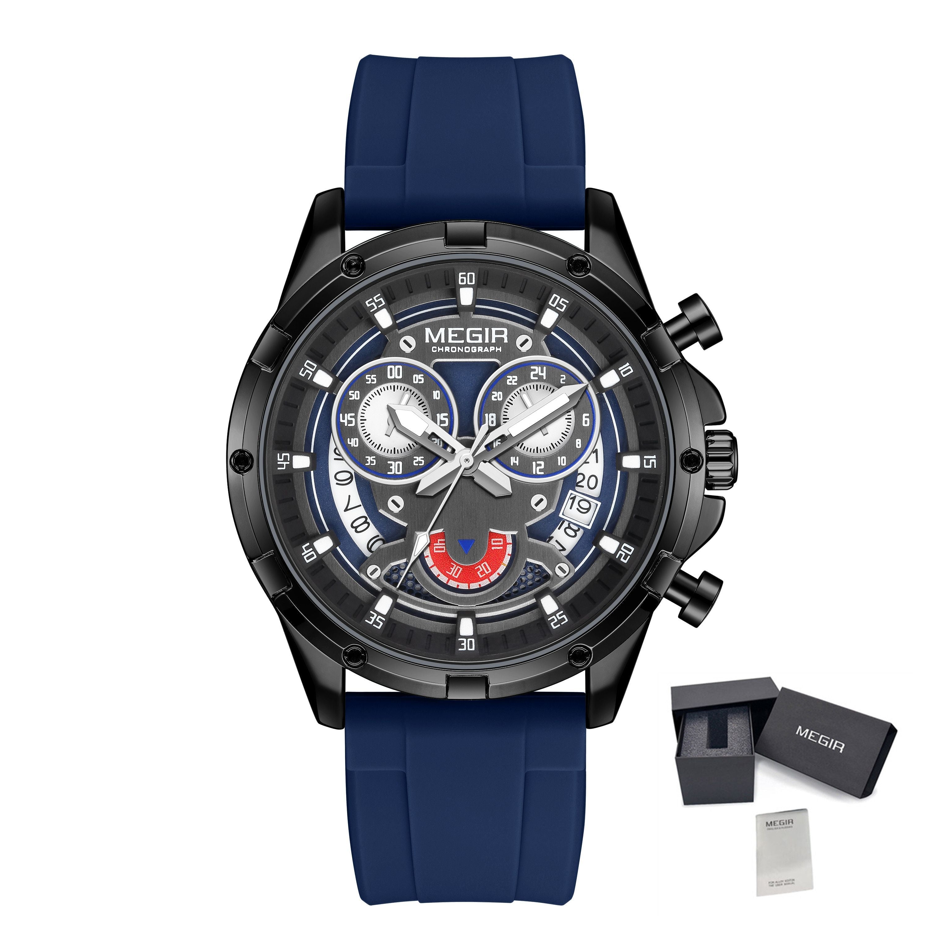 MEGIR Men's Sport Watches Silicone Strap Military Quartz Chronograph Waterproof Luminous Wristwatch 24-hour Auto Date Reloj Hombre 2248