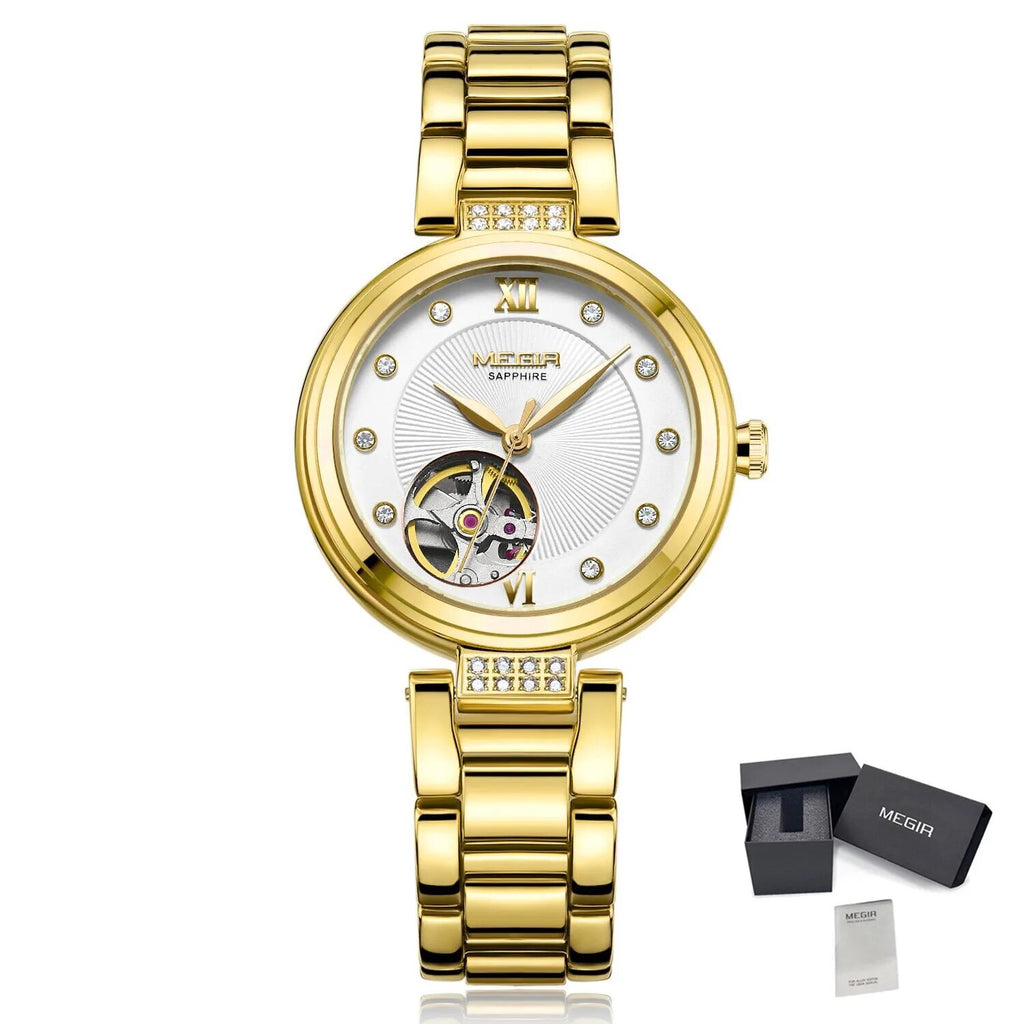 MEGIR Luxury Stainless Steel Gold Women Bracelet Watch Large Dial Automatic Mechanical Wrist Watches Ladies Business Watch Clock-8