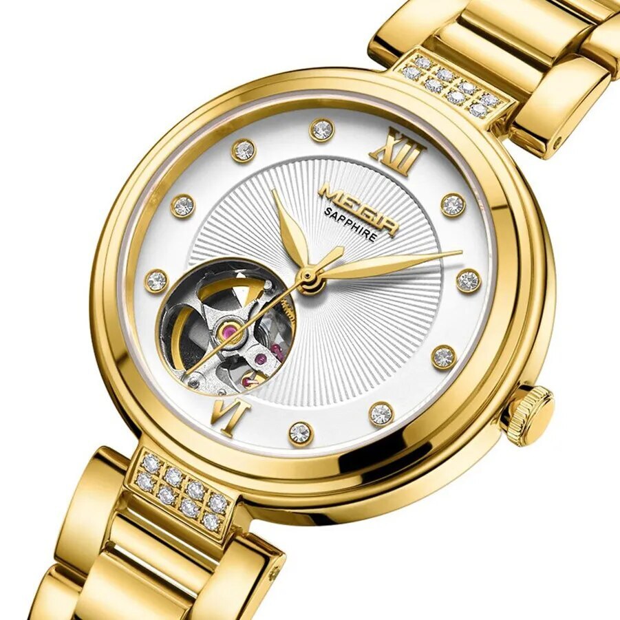 MEGIR Luxury Stainless Steel Gold Women Bracelet Watch Large Dial Automatic Mechanical Wrist Watches Ladies Business Watch Clock-5