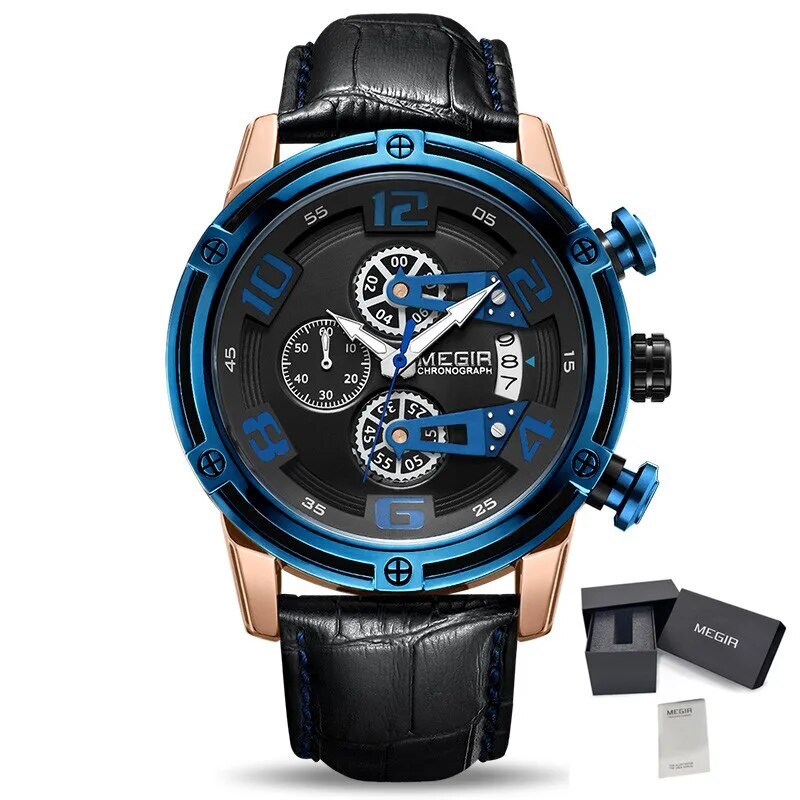 MEGIR Fashion Mens Watches Luxury Sports Watches Leather Strap Army Military Quartz Wristwatch Chronograph Male Clock 2078