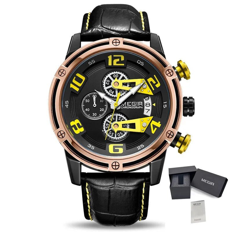MEGIR Fashion Mens Watches Luxury Sports Watches Leather Strap Army Military Quartz Wristwatch Chronograph Male Clock 2078