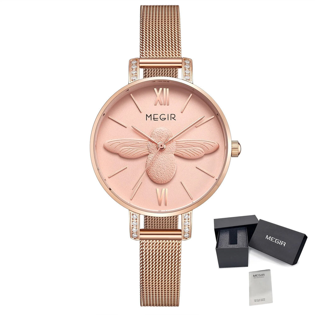 MEGIR Fashion Women Watches Top Brand Luxury Quartz Wristwatch Ladies Rose Gold Mesh Belt Business Casual Watch Reloj Mujer 7009-10