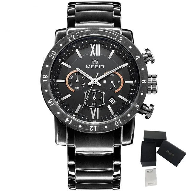 MEGIR Luxury Men's Business Watches Chronograph Waterproof Stainless Steel Quartz Watch Calendar Male Clock Reloj Hombre 3008