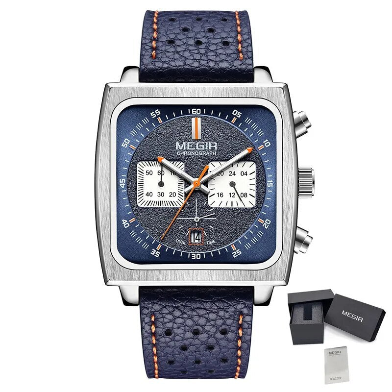 MEGIR Watches for Men Luxury Black Sports Casual Chronograph Waterproof Calendar Square Dial Wristwatches with Date Clock 2182-14