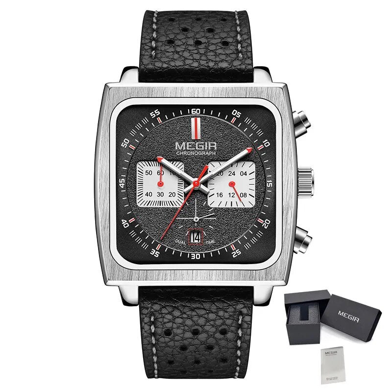 MEGIR Watches for Men Luxury Black Sports Casual Chronograph Waterproof Calendar Square Dial Wristwatches with Date Clock 2182-15