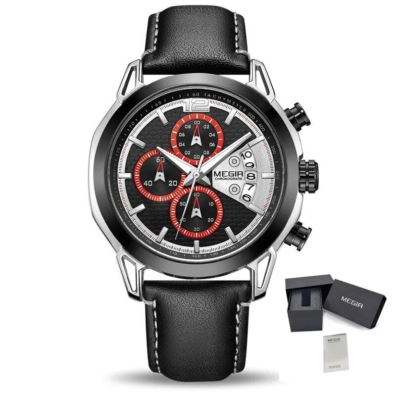 MEGIR Fashion Mens Military Sports Watches Luxury Leather Quartz Business Watch Chronograph Waterproof Luminous Date Wristwatch-14