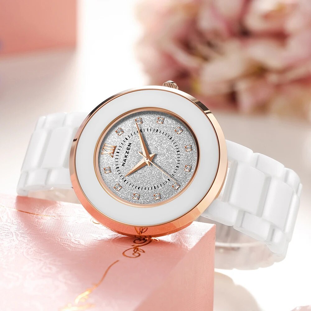 NAKZEN Women's Quartz Fashion Simple Ceramics Analogue Watch Ceramic Band 30M Waterproof Diamond Dress Watches relogio feminino-2