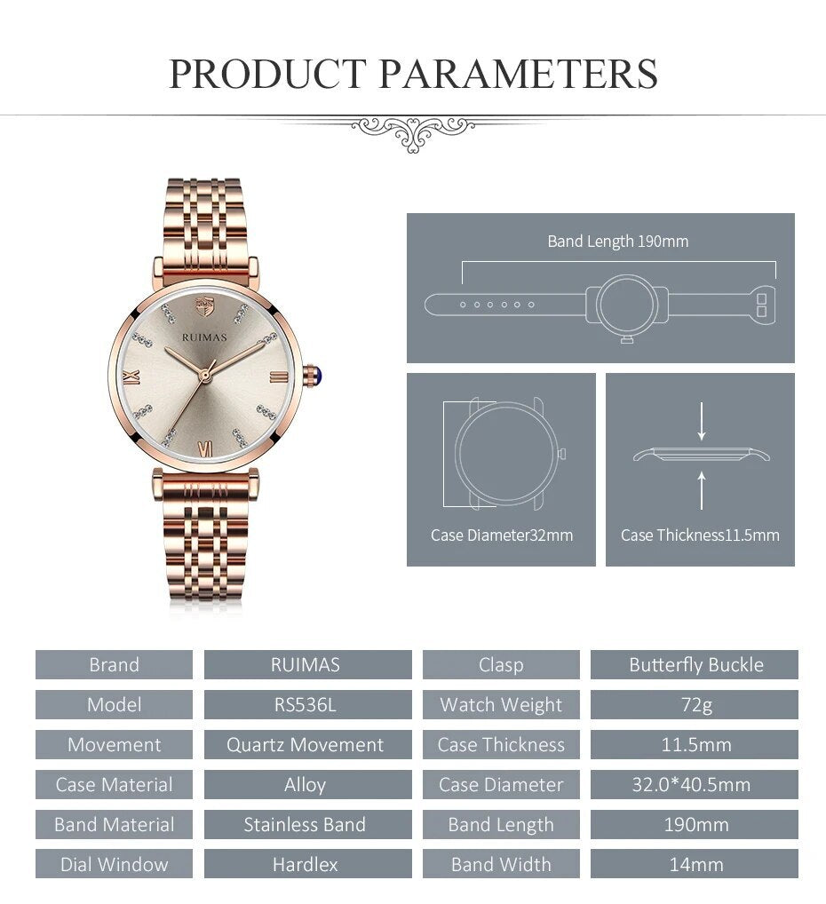 RUIMAS Women Watches Top Brand Luxury Quartz Watch Waterproof Fashion Ladies Wristwatch Stain Steel Dress Clock Reloj Mujer 536
