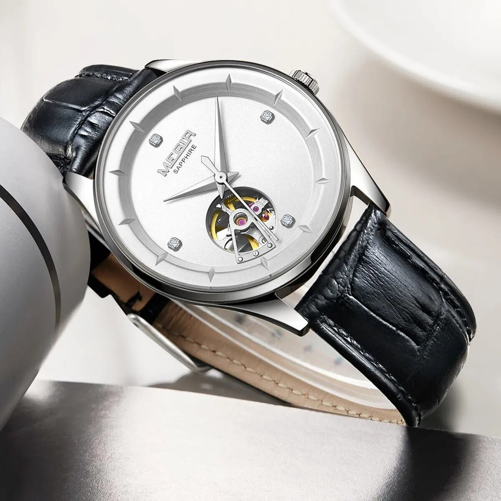 MEGIR Fashion Leather Strap Wristwatch for Men Large Dial Sapphire Automatic Mechanical Watch Clock Relogio Masculino-2