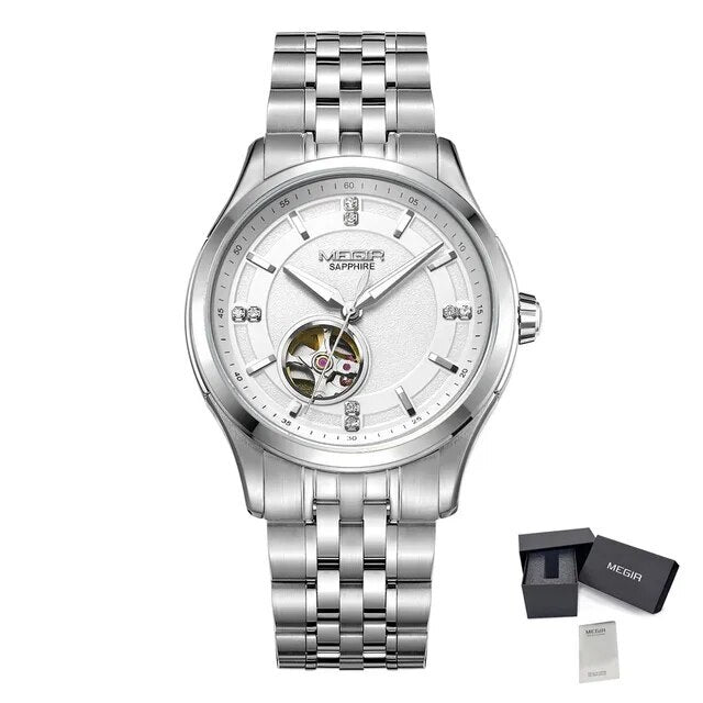 MEGIR Top Brand Luxury Business Watch Men Stainless Steel Waterproof Automatic Mechanical WristWatch Clock Big Dial Montre Homme-15