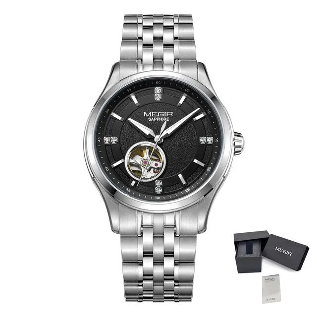 MEGIR Top Brand Luxury Business Watch Men Stainless Steel Waterproof Automatic Mechanical WristWatch Clock Big Dial Montre Homme-16