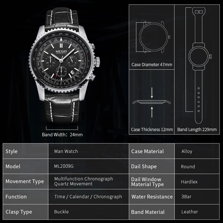 MEGIR Fashion Leather Strap Quartz Watches Waterproof Luminous Men Casual Sport Wristwatch Date Clock Chronograph Reloj Hombre-6