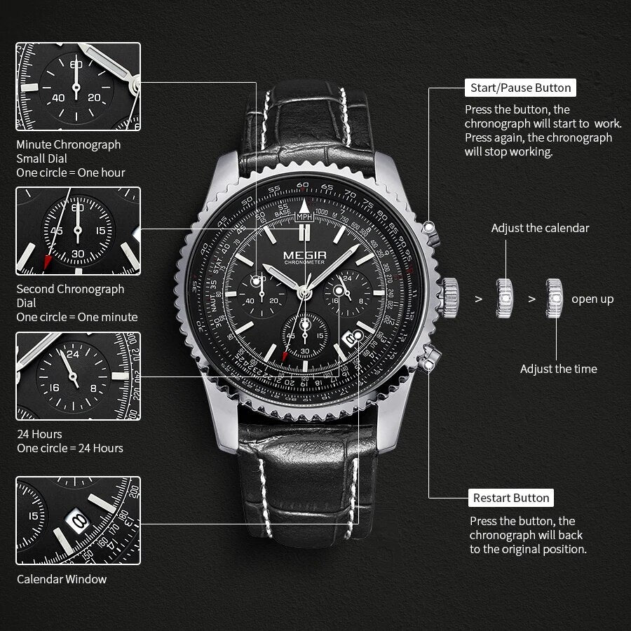 MEGIR Fashion Leather Strap Quartz Watches Waterproof Luminous Men Casual Sport Wristwatch Date Clock Chronograph Reloj Hombre-7
