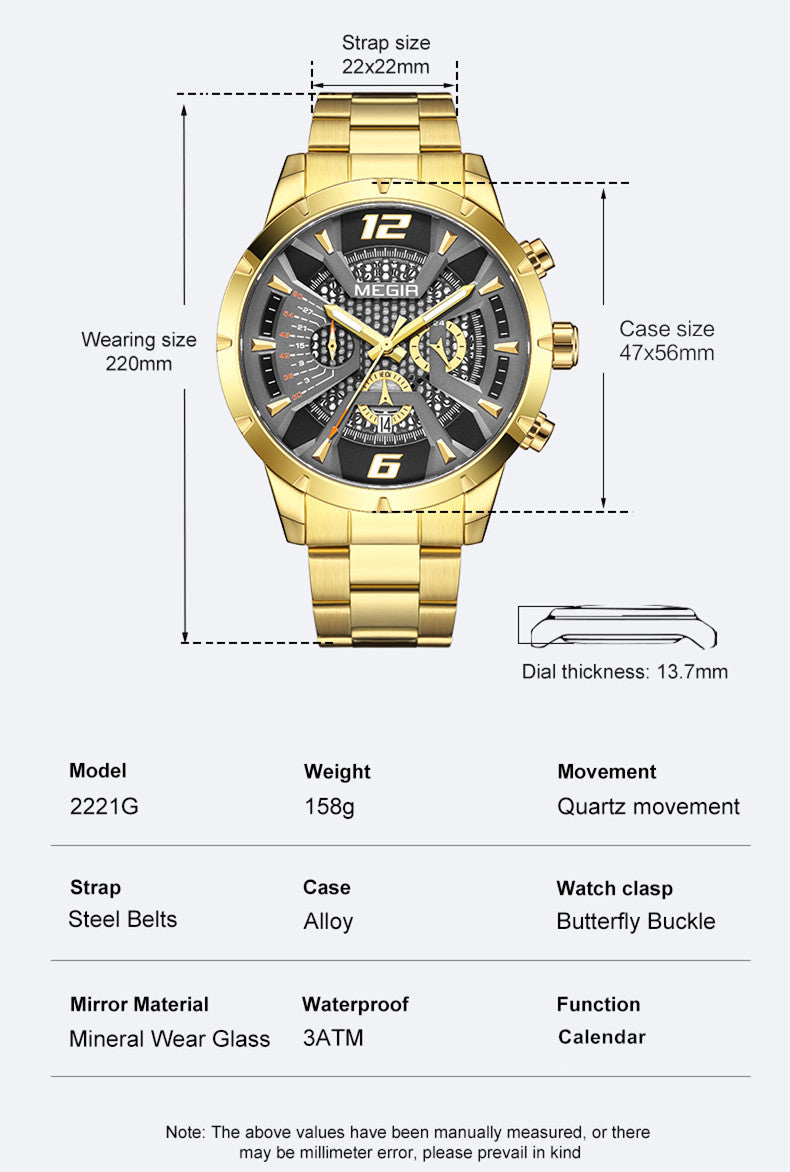 MEGIR Stainless Steel Watch for Men Luxury Business Watch Casual Quartz Date Clock Chronograph Big Dial Wristwatch Reloj Hombre-5