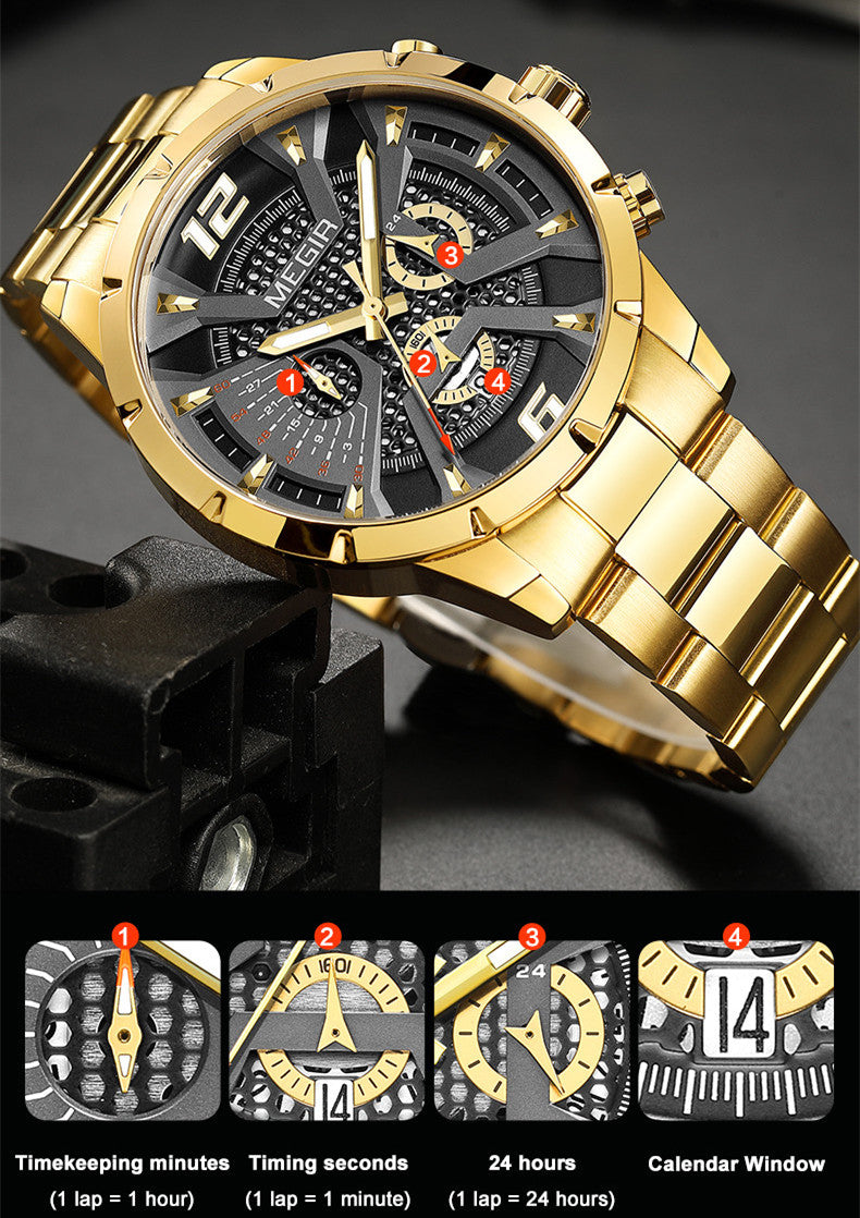 MEGIR Stainless Steel Watch for Men Luxury Business Watch Casual Quartz Date Clock Chronograph Big Dial Wristwatch Reloj Hombre-7