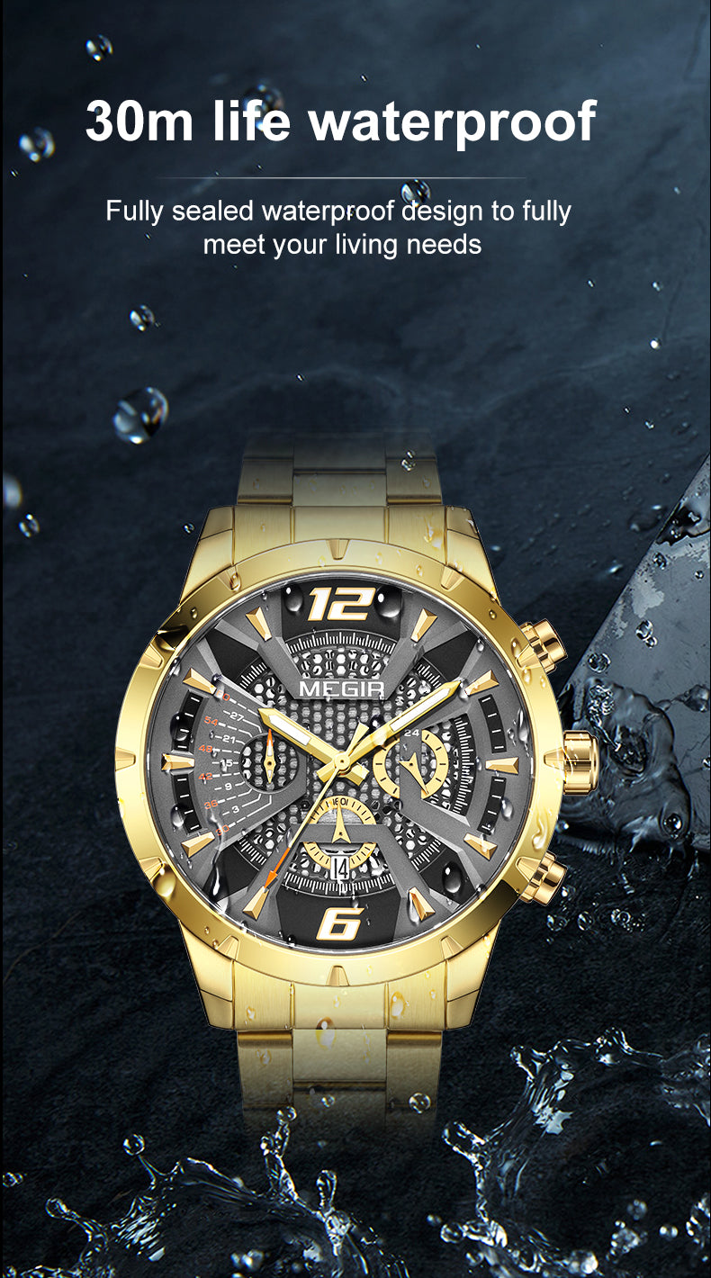 MEGIR Stainless Steel Watch for Men Luxury Business Watch Casual Quartz Date Clock Chronograph Big Dial Wristwatch Reloj Hombre-9