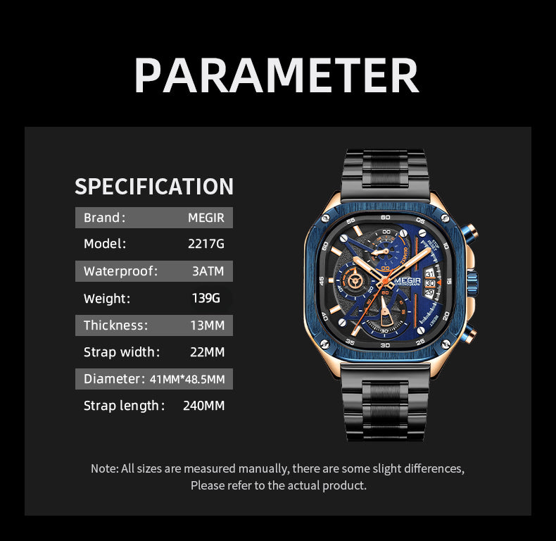 MEGIR Luxury Mens Stainless Steel Watches Fashion Brand Business Quartz Wristwatch Date Luminous Man Chronograph Casual Clock-8