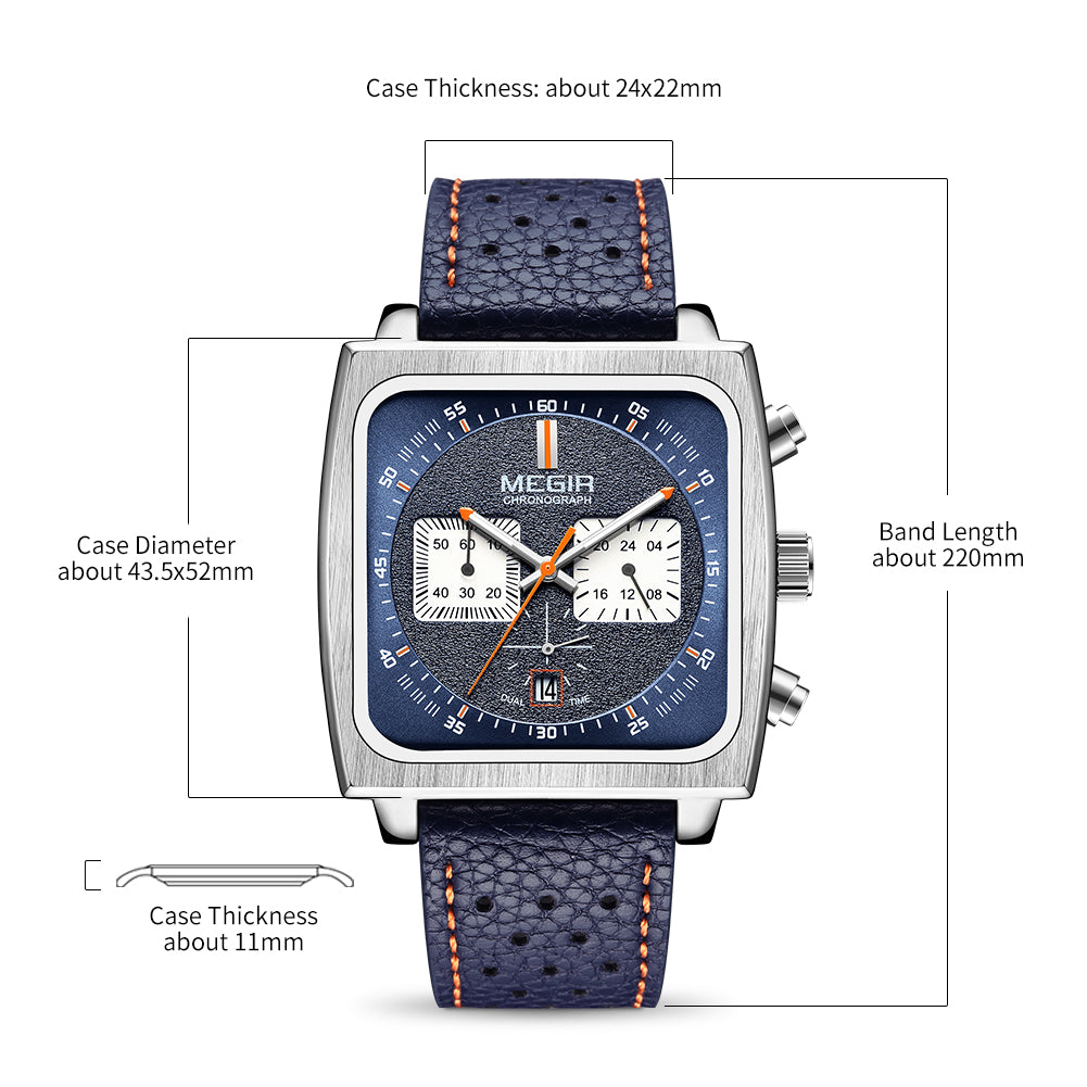 MEGIR Watches for Men Luxury Black Sports Casual Chronograph Waterproof Calendar Square Dial Wristwatches with Date Clock 2182-11