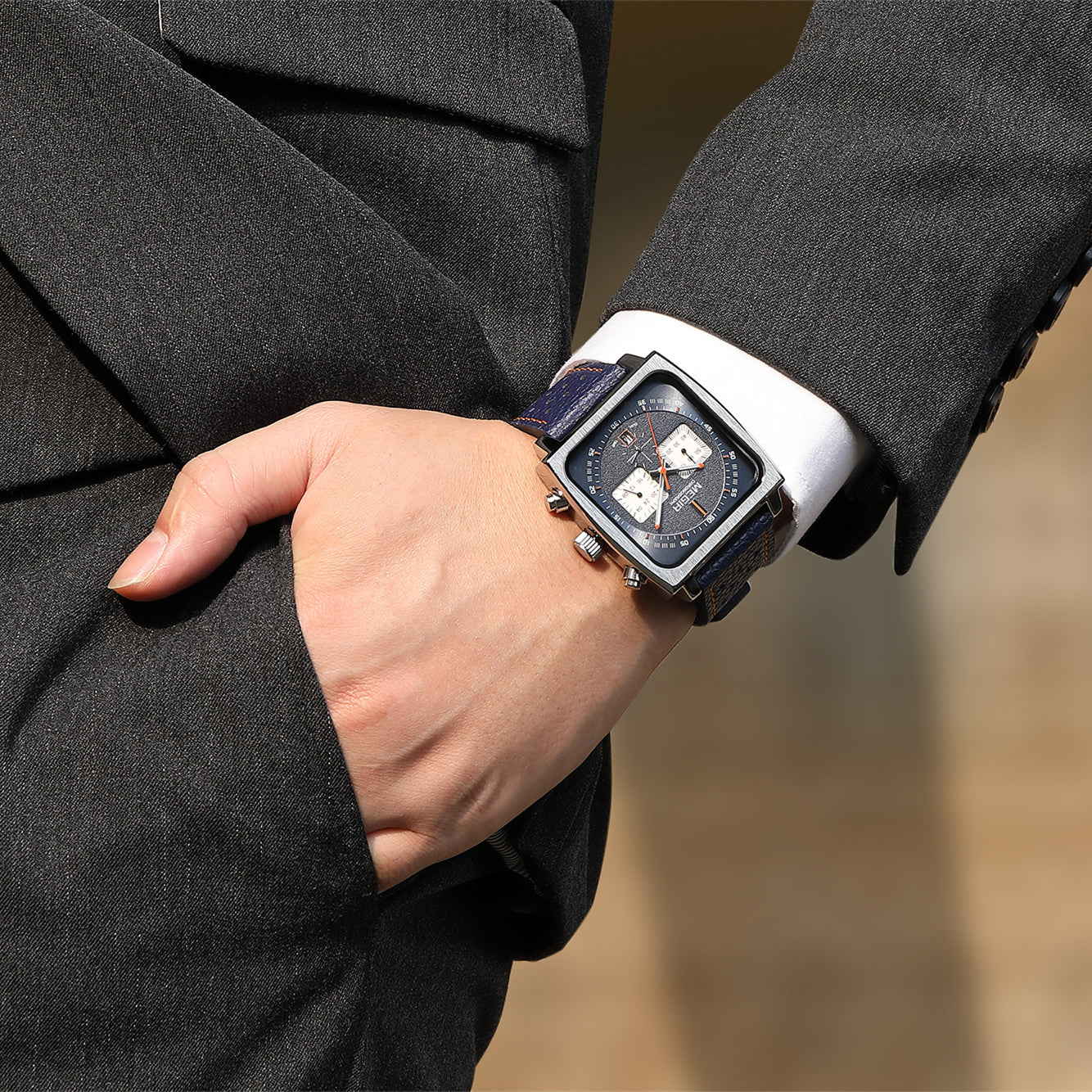 MEGIR Watches for Men Luxury Black Sports Casual Chronograph Waterproof Calendar Square Dial Wristwatches with Date Clock 2182-2