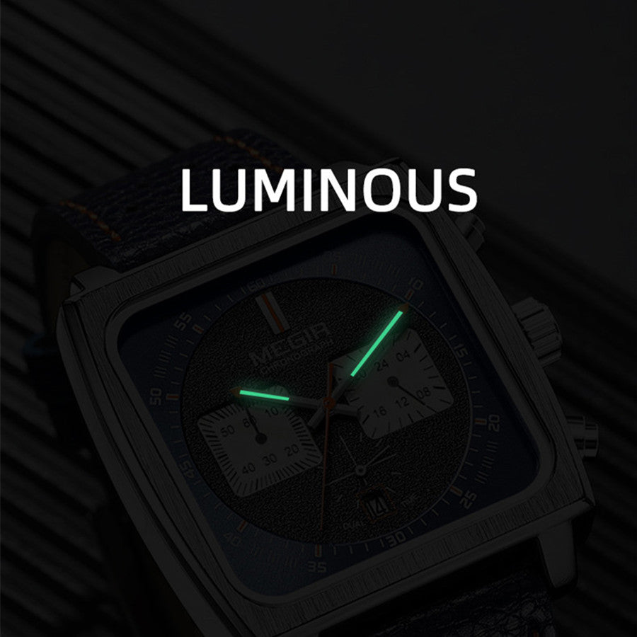 MEGIR Watches for Men Luxury Black Sports Casual Chronograph Waterproof Calendar Square Dial Wristwatches with Date Clock 2182-12