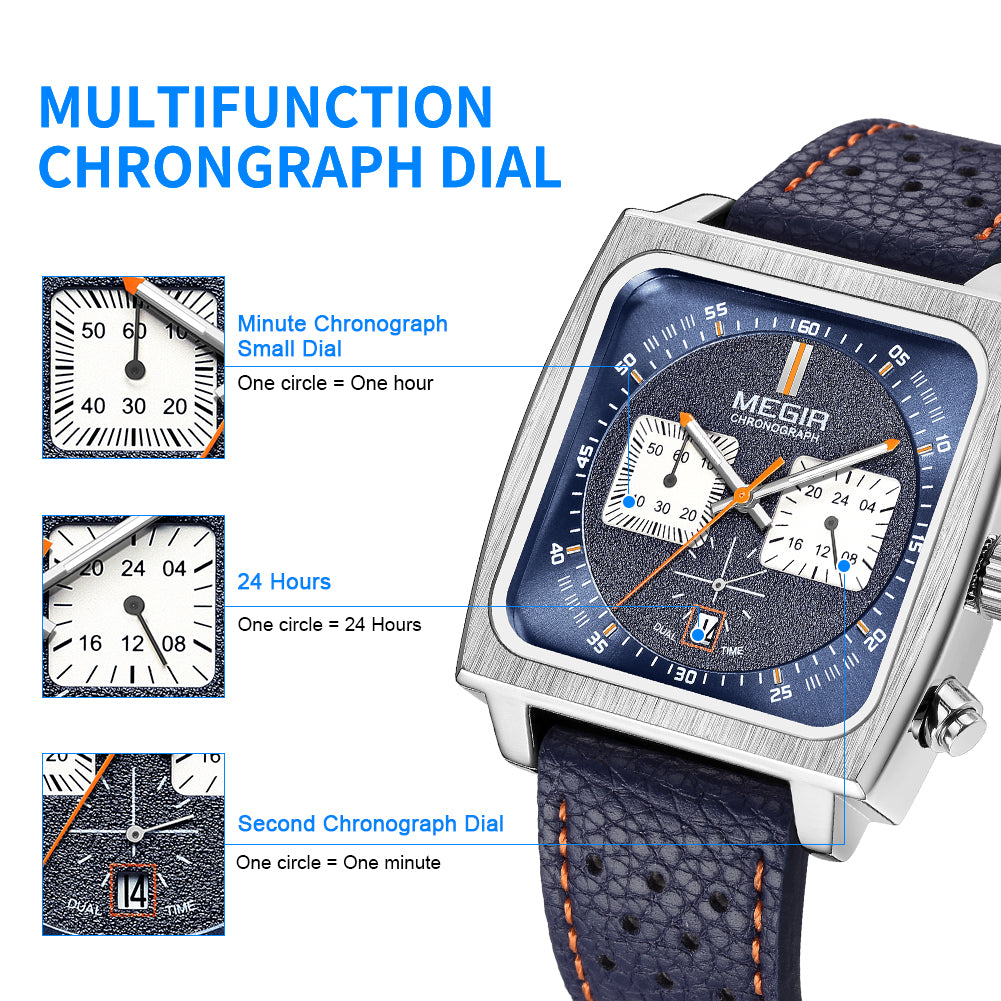 MEGIR Watches for Men Luxury Black Sports Casual Chronograph Waterproof Calendar Square Dial Wristwatches with Date Clock 2182-9