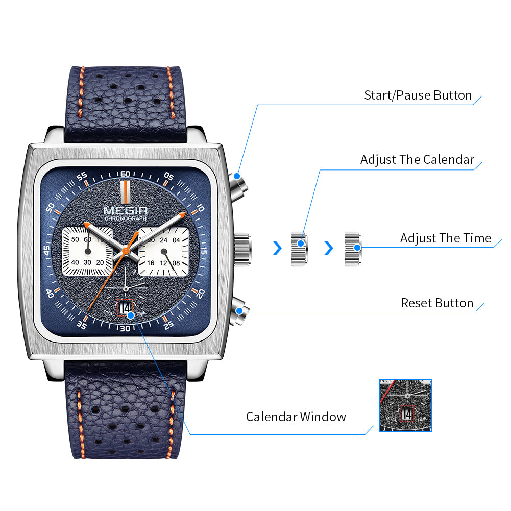 MEGIR Watches for Men Luxury Black Sports Casual Chronograph Waterproof Calendar Square Dial Wristwatches with Date Clock 2182-10