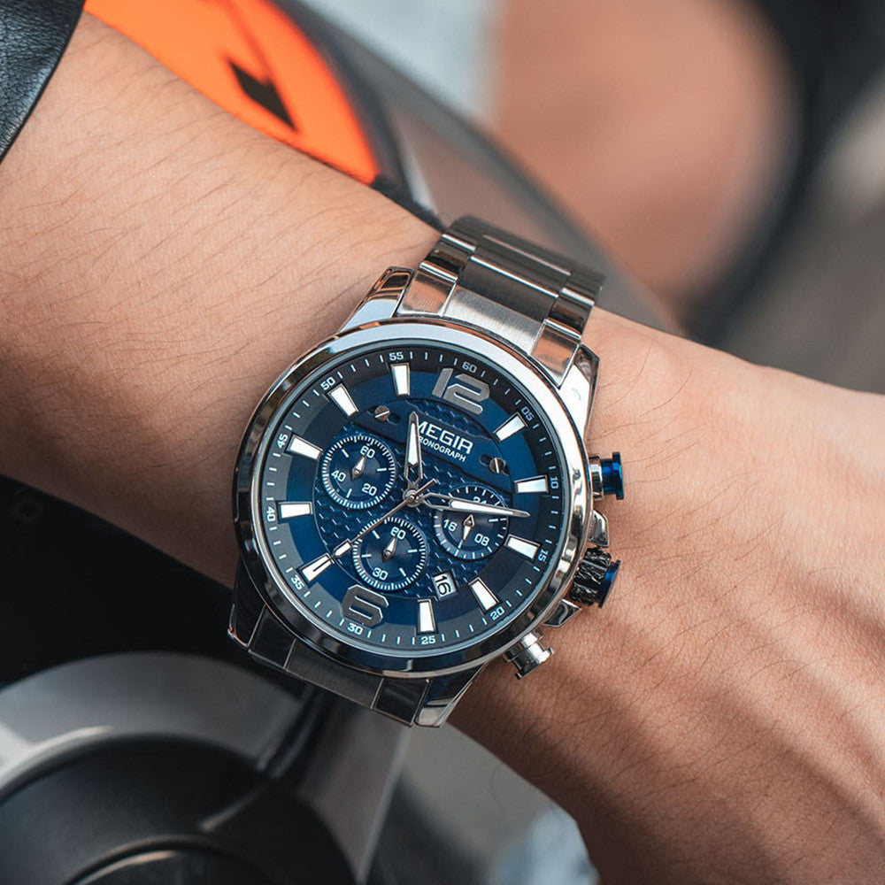 MEGIR Men's Quartz Wrist Watch Stainless Steel Band Chronograph Watches Luminous Waterproof Wristwatch Man Clock Military Watch-1