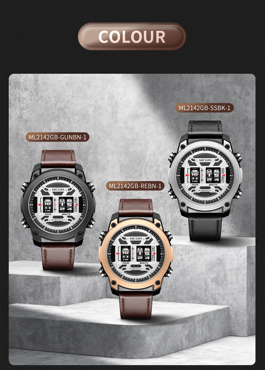 MEGIR Men's Watch Roller Business Casual Wristwatch Leather Fashion Sports Quartz Watch Chronograph Waterproof Male Clock 2142-10