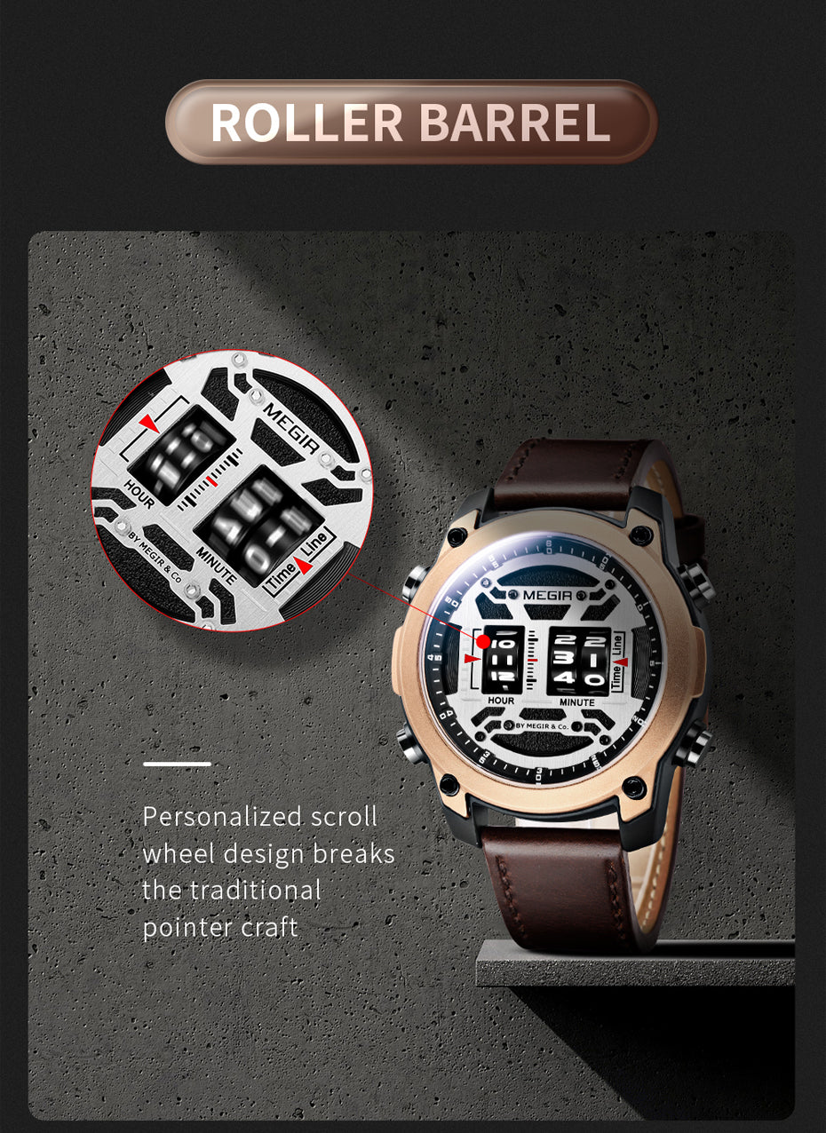MEGIR Men's Watch Roller Business Casual Wristwatch Leather Fashion Sports Quartz Watch Chronograph Waterproof Male Clock 2142-12