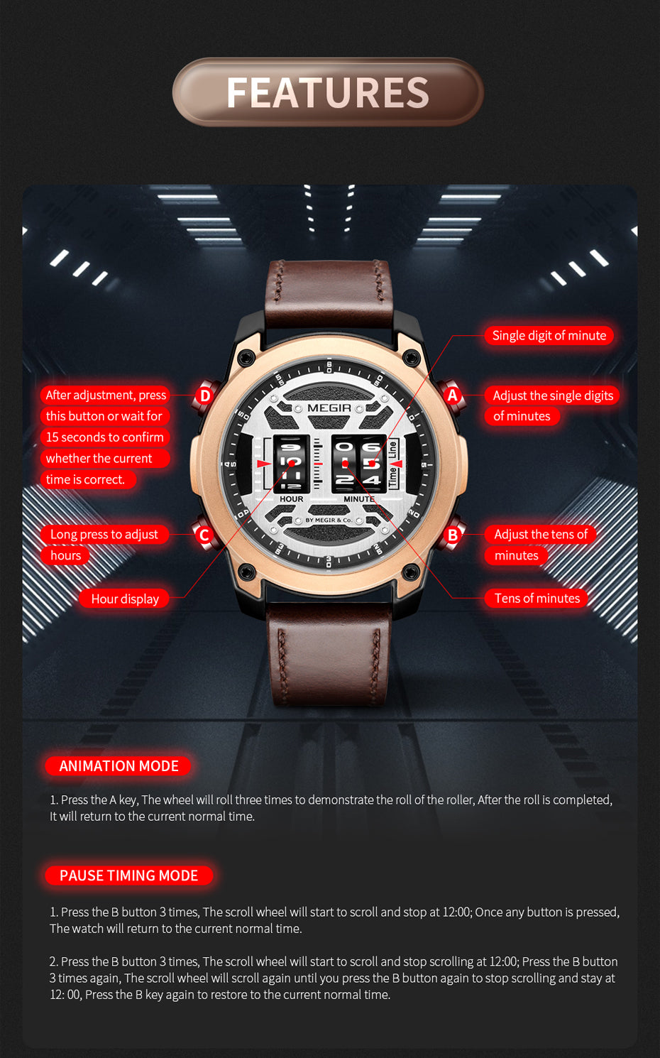 MEGIR Men's Watch Roller Business Casual Wristwatch Leather Fashion Sports Quartz Watch Chronograph Waterproof Male Clock 2142-11