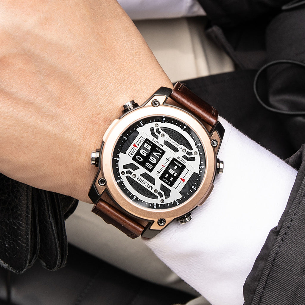 MEGIR Men's Watch Roller Business Casual Wristwatch Leather Fashion Sports Quartz Watch Chronograph Waterproof Male Clock 2142-1