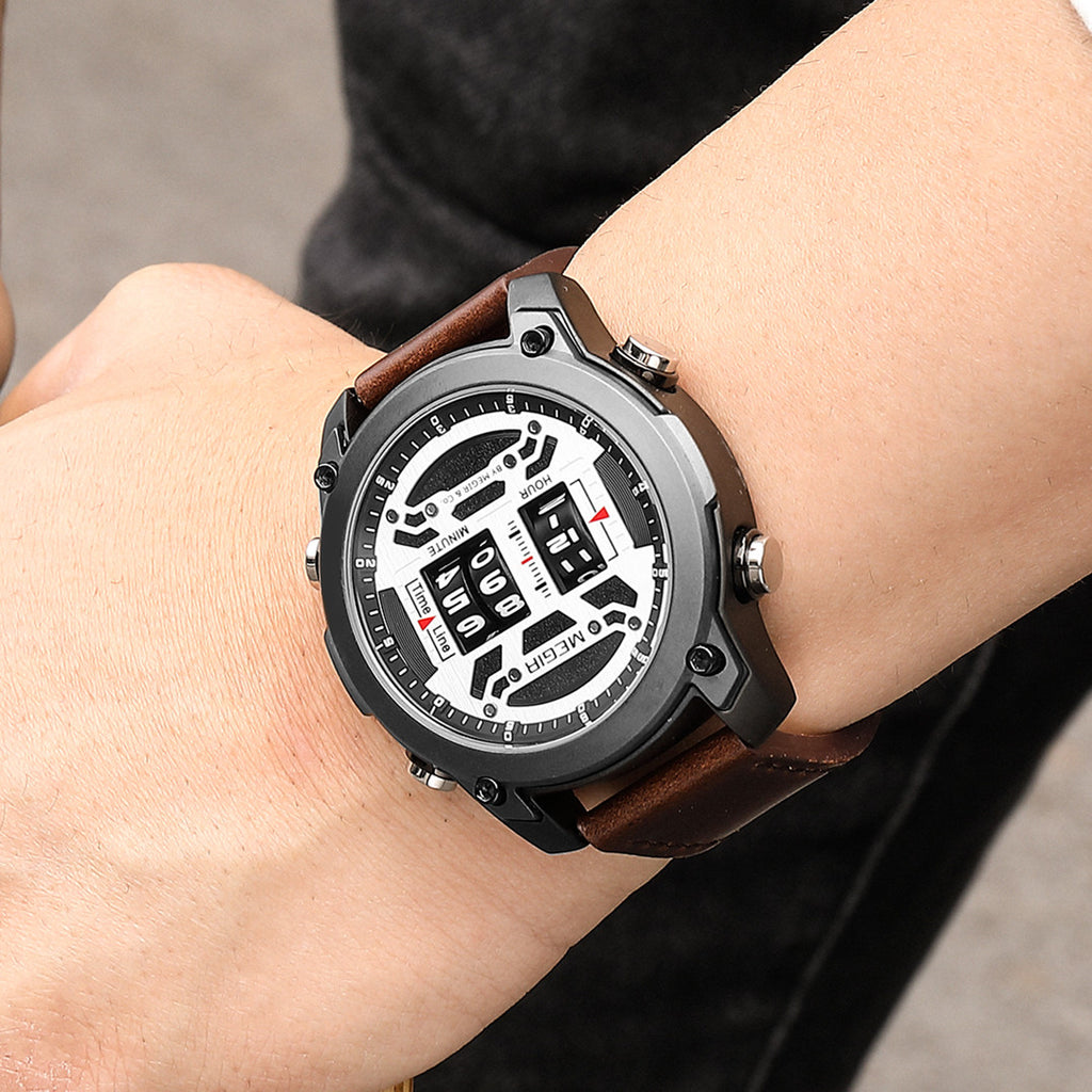 MEGIR Men's Watch Roller Business Casual Wristwatch Leather Fashion Sports Quartz Watch Chronograph Waterproof Male Clock 2142-2