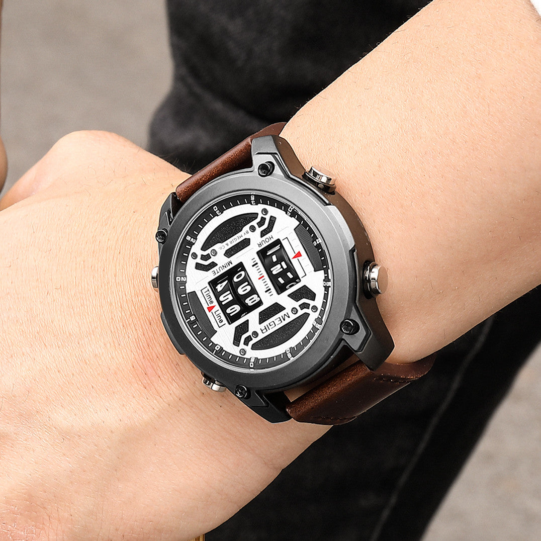 MEGIR Men's Watch Roller Business Casual Wristwatch Leather Fashion Sports Quartz Watch Chronograph Waterproof Male Clock 2142-2
