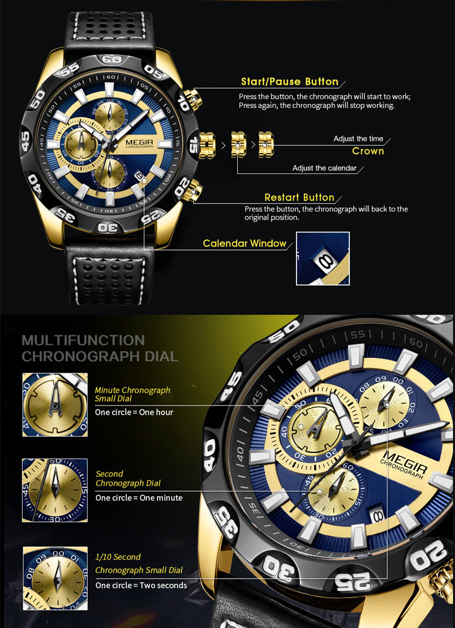 MEGIR Watches Mens Luxury Sports Military Watch Waterproof Luminous Quartz Wrist Watch Leather Casual Man Chronograph Clock-10