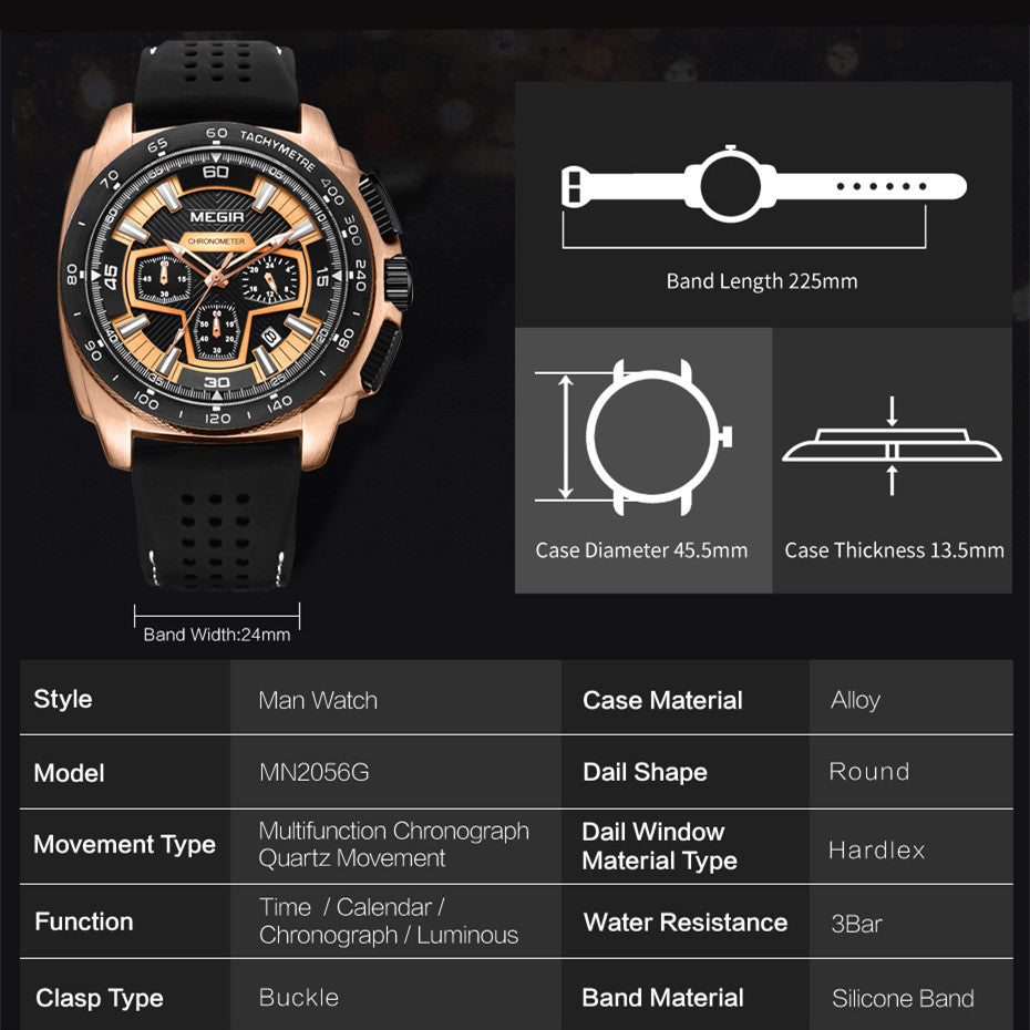 MEGIR Chronograph Men Sport Watch Fashion Silicone Army Military Watches Relogio Masculino Quartz Wrist Watch Clock Men 2056-5