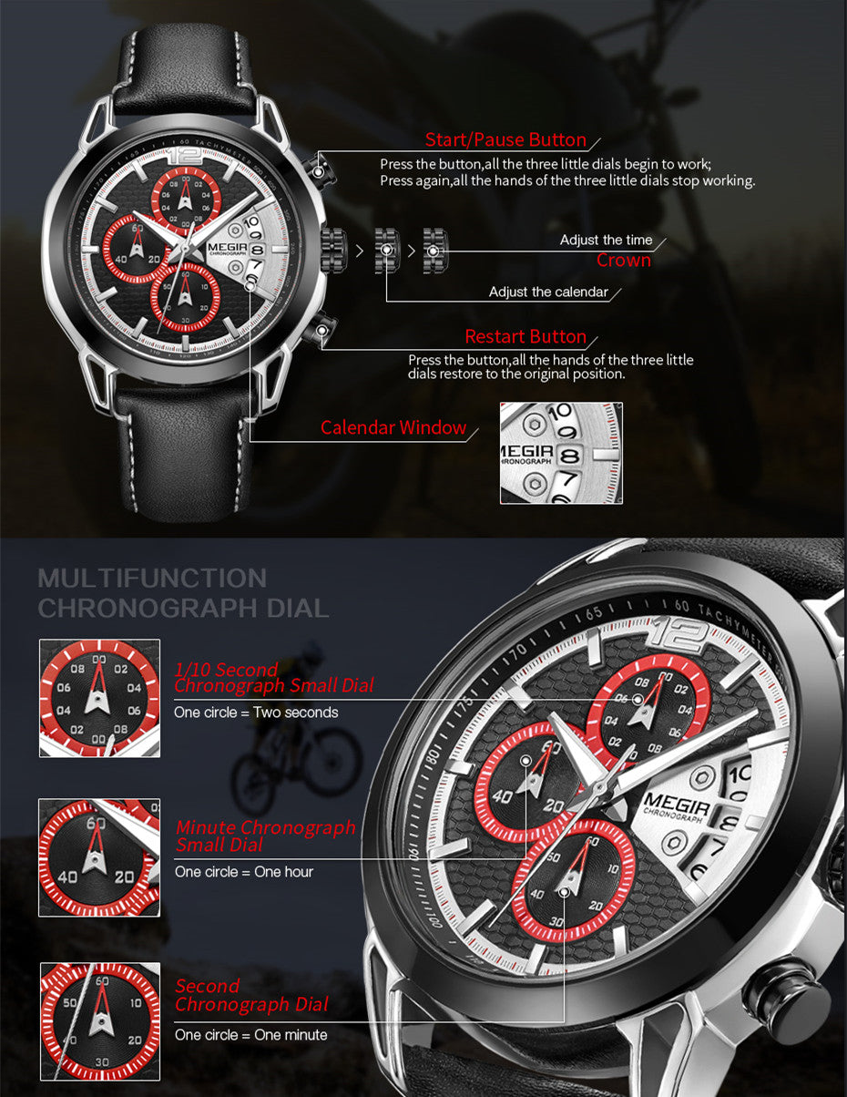 MEGIR Fashion Mens Military Sports Watches Luxury Leather Quartz Business Watch Chronograph Waterproof Luminous Date Wristwatch-11