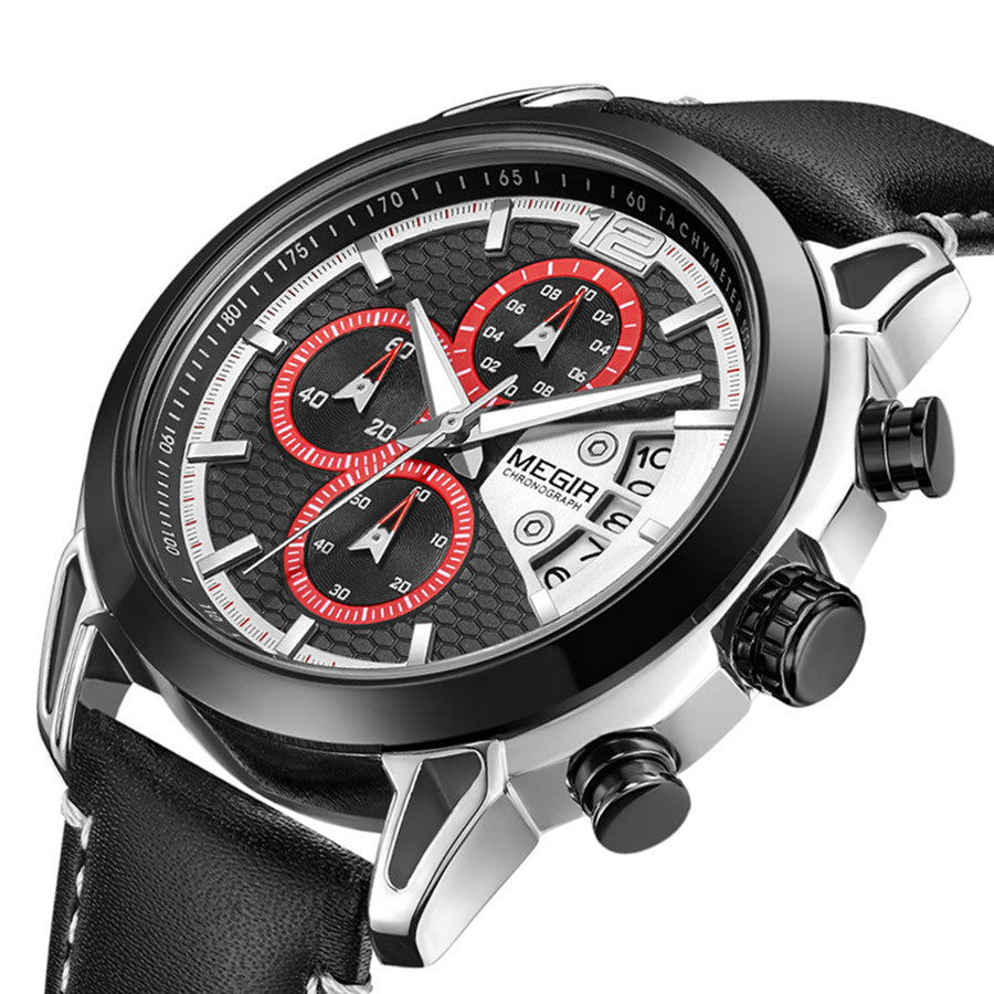 MEGIR Fashion Mens Military Sports Watches Luxury Leather Quartz Business Watch Chronograph Waterproof Luminous Date Wristwatch-5