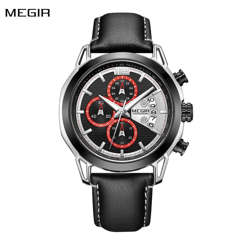 MEGIR Fashion Mens Military Sports Watches Luxury Leather Quartz Business Watch Chronograph Waterproof Luminous Date Wristwatch-0