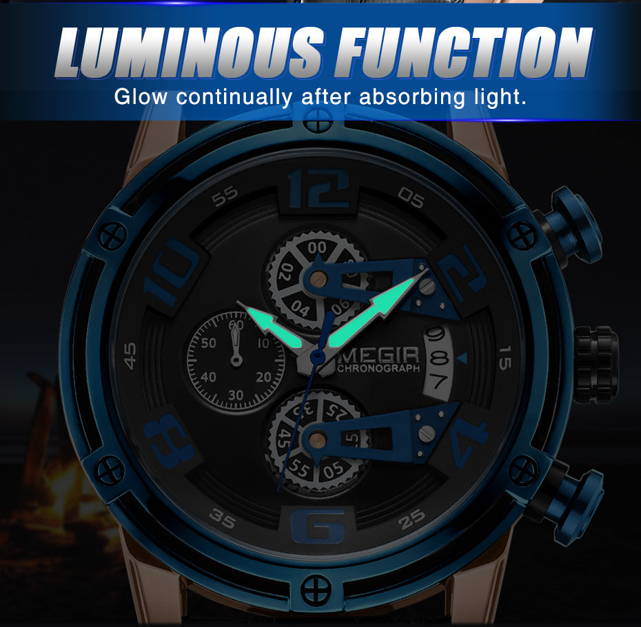 MEGIR Fashion Mens Watches Luxury Sports Watches Leather Strap Army Military Quartz Wristwatch Chronograph Male Clock 2078