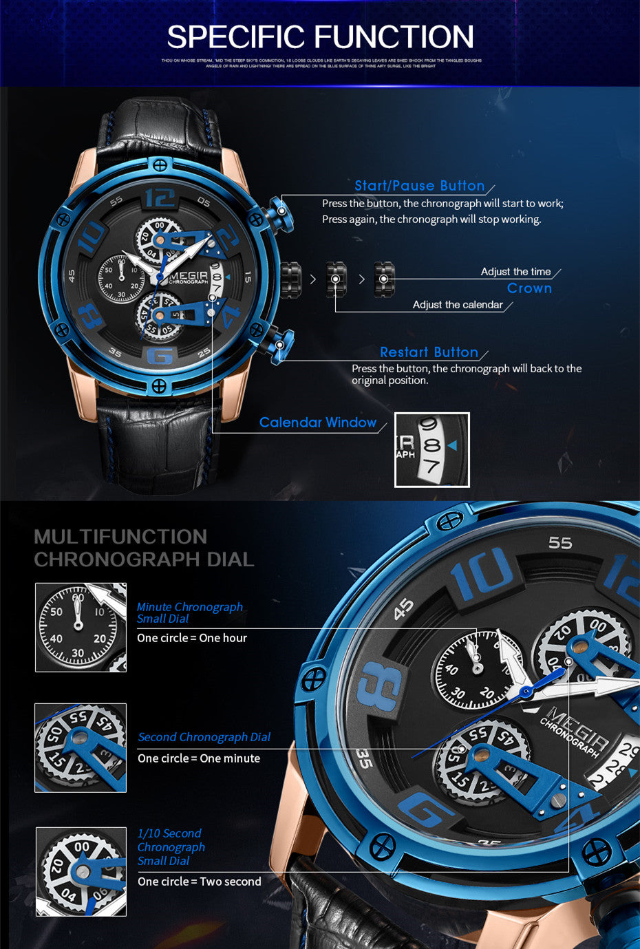 MEGIR Fashion Mens Watches Luxury Sports Watches Leather Strap Army Military Quartz Wristwatch Chronograph Male Clock 2078