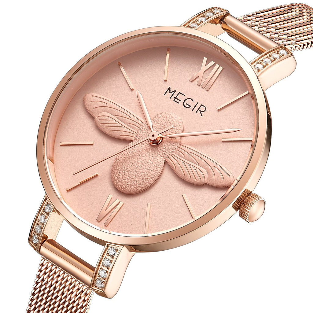 MEGIR Fashion Women Watches Top Brand Luxury Quartz Wristwatch Ladies Rose Gold Mesh Belt Business Casual Watch Reloj Mujer 7009-4