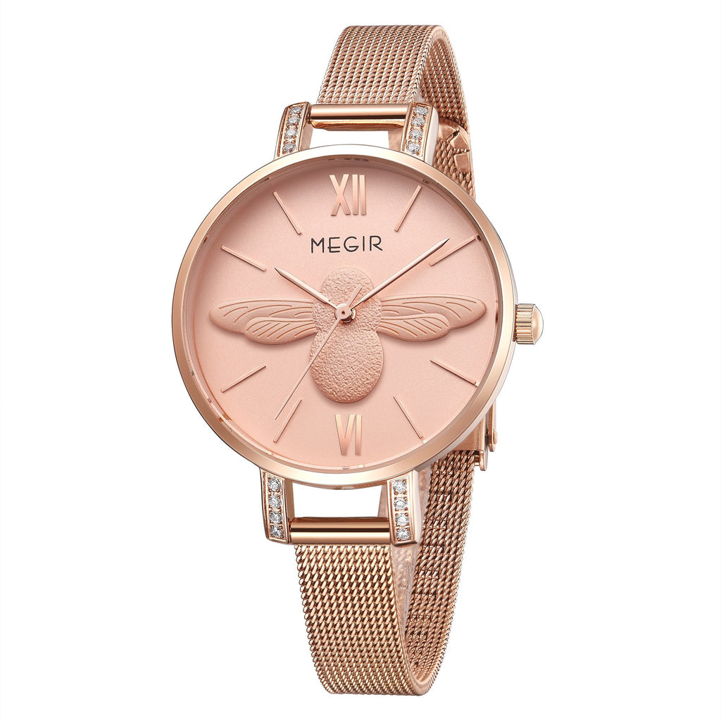 MEGIR Fashion Women Watches Top Brand Luxury Quartz Wristwatch Ladies Rose Gold Mesh Belt Business Casual Watch Reloj Mujer 7009-3