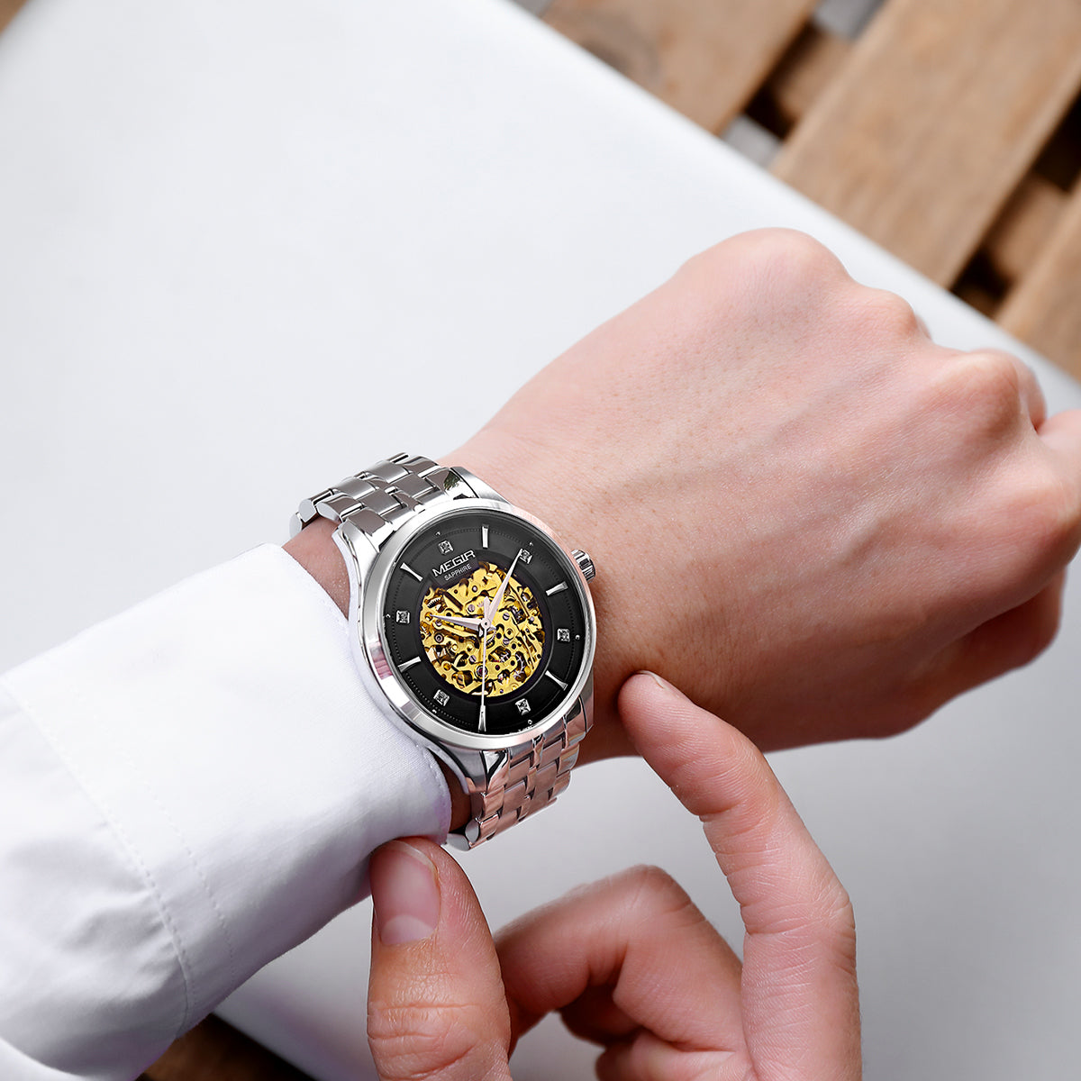 MEGIR Luxury Men Watches Waterproof Automatic Mechanical Watch Stainless Steel Sapphire Gold Business WristWatch Reloj Hombre-4