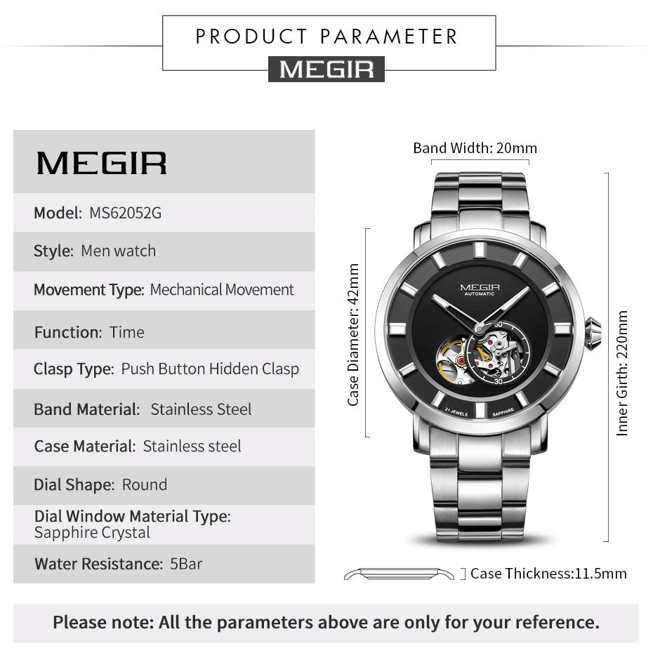 MEGIR Men Watch Hollow Out Automatic Mechanical Stainless Steel Wristwatch Waterproof Luxury Business Wrist Watch Montre Homme-8