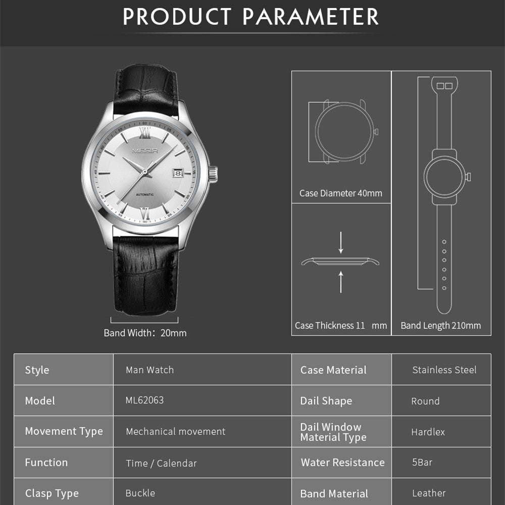 MEGIR Original Brand Men's Watches Automatic Mechanical Watch 5Bar Waterproof Leather Luxury Wristwatch Clock Relogio Masculino-4