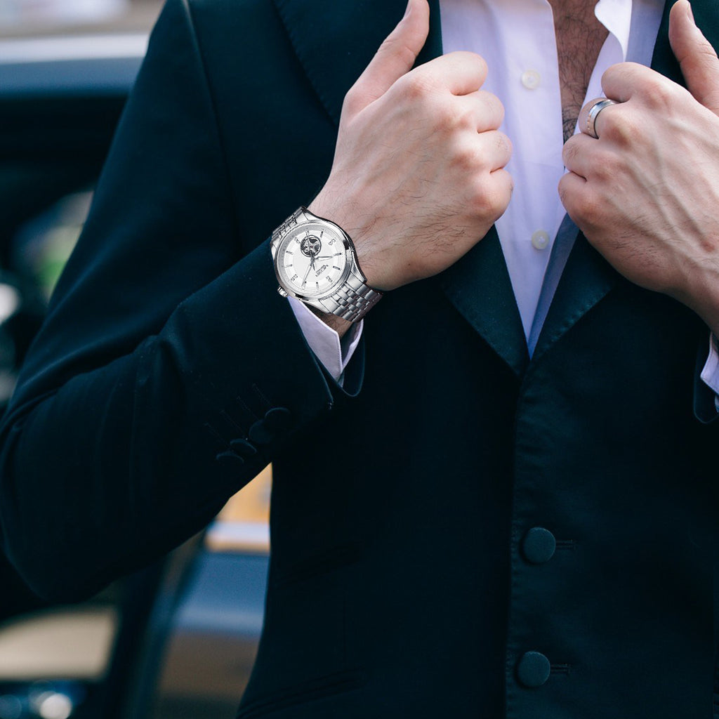 MEGIR Top Brand Luxury Business Watch Men Stainless Steel Waterproof Automatic Mechanical WristWatch Clock Big Dial Montre Homme-6